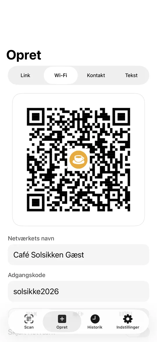 Lav koder til Wi-Fi, links og visitkort, med dit logo i midten.